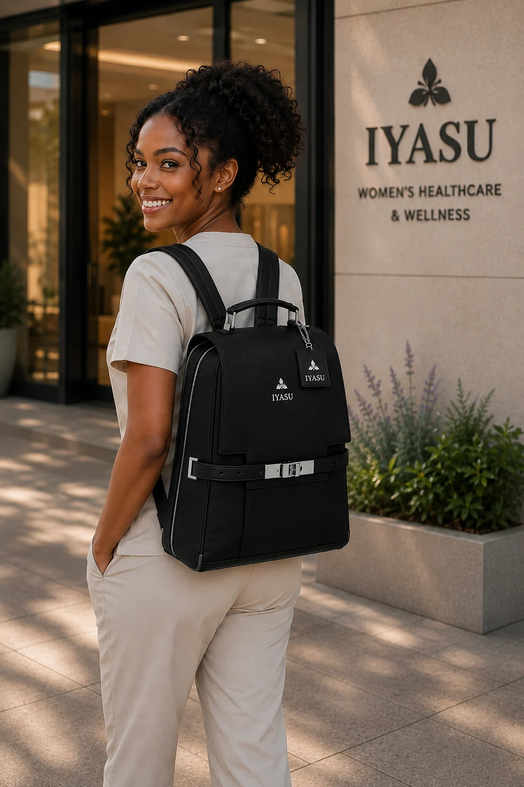 iyasu_medical_bag_patricia_black_on_model The IYASU story: vegan medical bags for female healthcare professionals