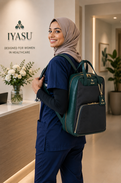 Two female healthcare professionals in scrubs carrying Iyasu vegan medical bags