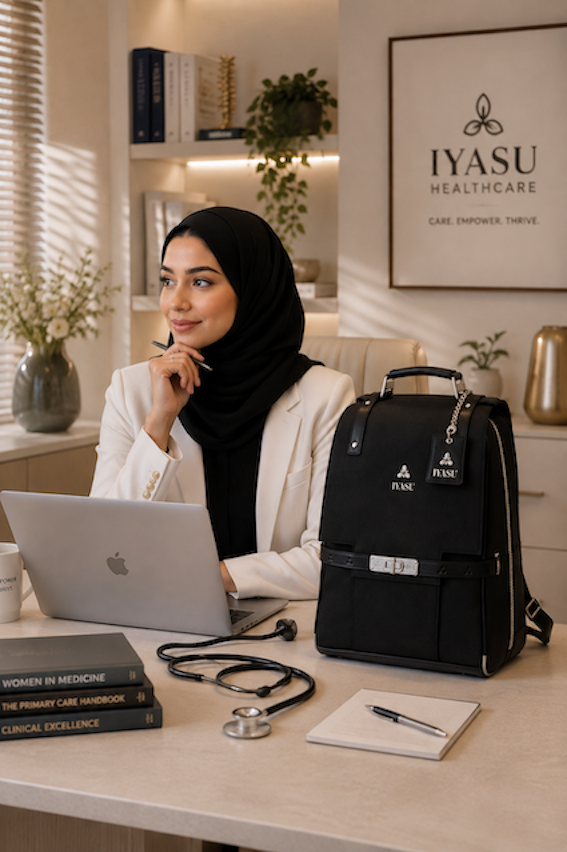 Muslim doctor with IYASU Medical bag vegan and cruelty-free fabrics – iyasu vegan medical bags